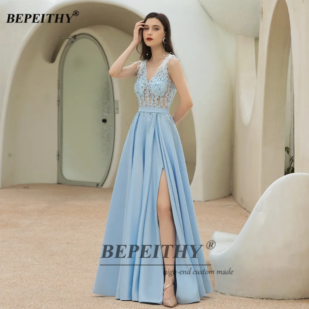 BEPEITHY Sky Blue A-Line Evening Dress Luxury For Women V Neck Sleeveless Prom Dresses 2023 High Slit With Feather On Shoulder images - 6