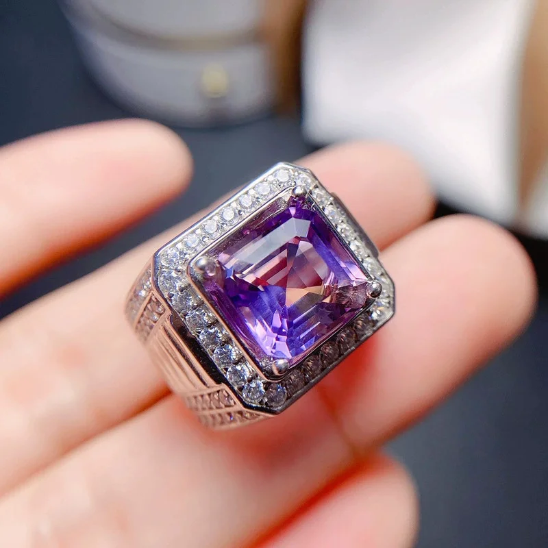 

Vimtage 925 Silver Men Gemstone Ring for Party 4ct 9mm VVS Grade Natural Amethyst Ring 18K Gold Plating Crystal Jewelry for Man