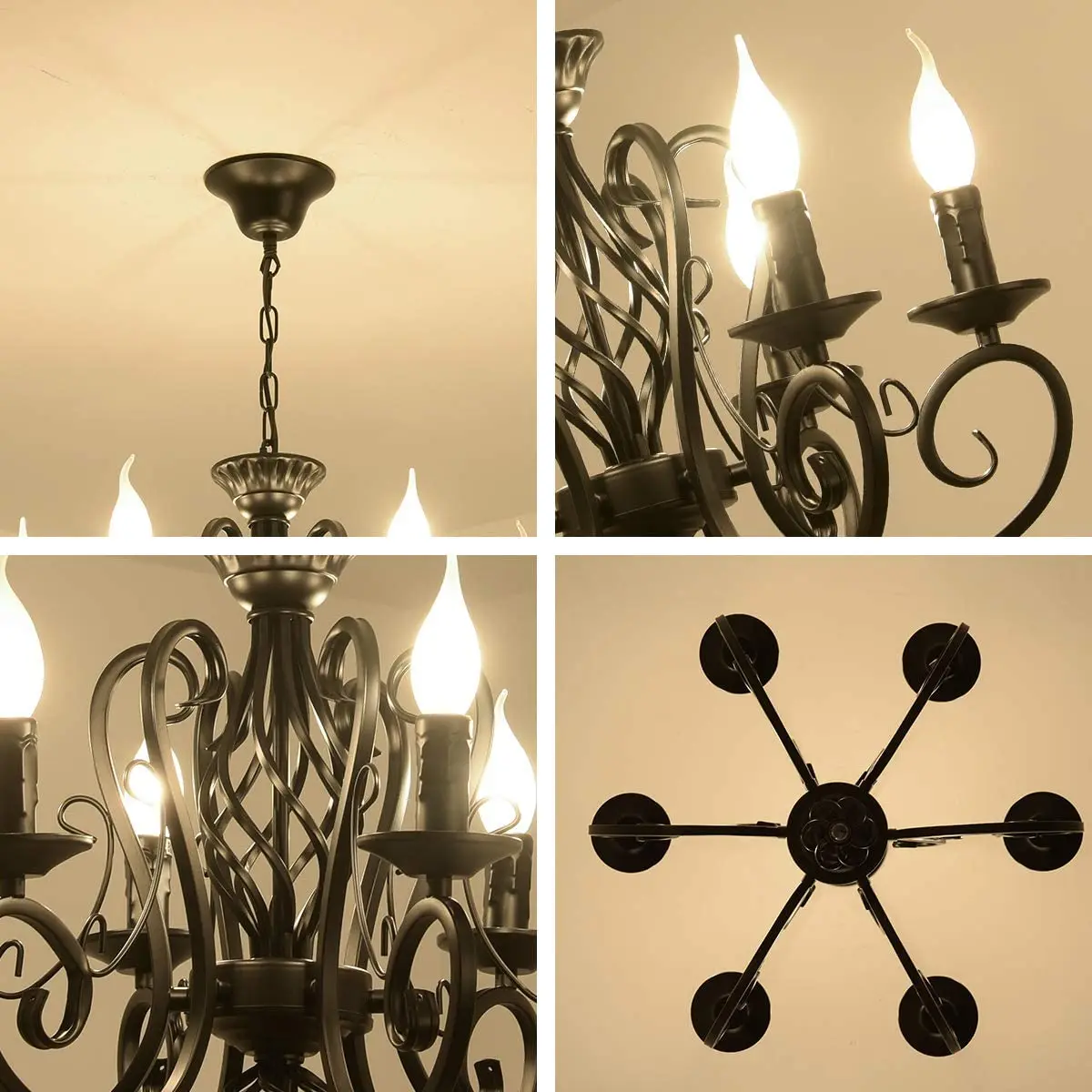 Black French Country Chandelier,6 Lights Farmhouse Candle Iron Chandeliers,Vintage Metal Pendant Light Fixture Kitchen Island