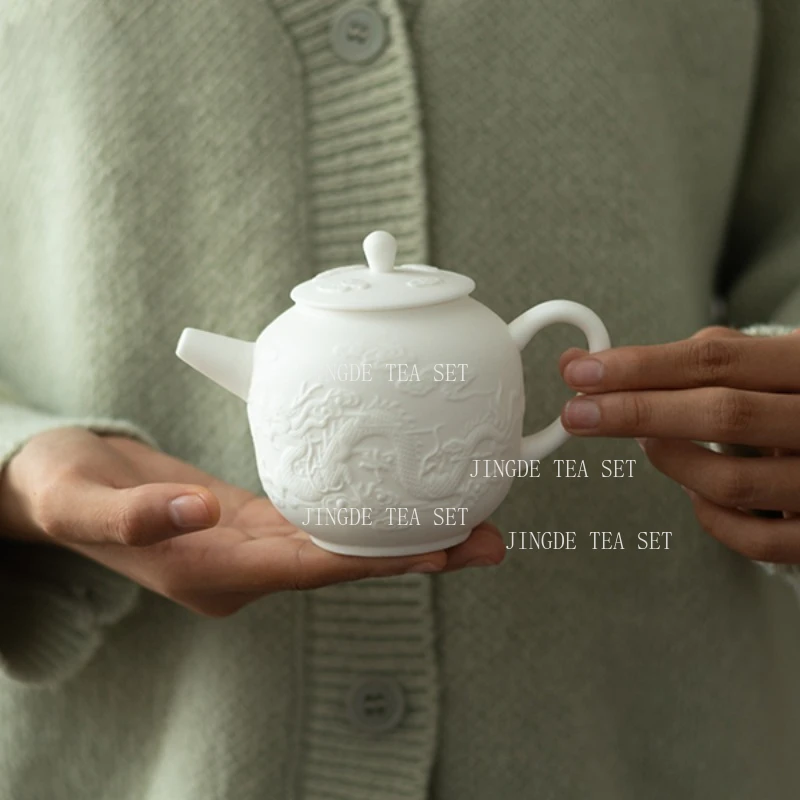 Chinese Style Sheep Fat Teapot Embossed Dragon and Phoenix Teapot with Filter Holes Ceramic Kung Fu Tea Set Tea Infuser