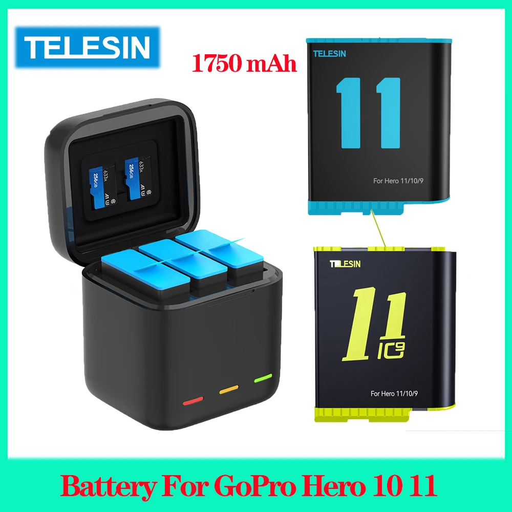 

TELESIN Battery For GoPro Hero 10 11 1750 mAh Battery 3 Ways Fast Charger Box TF Card Storage For GoPro Hero 9 Accessories