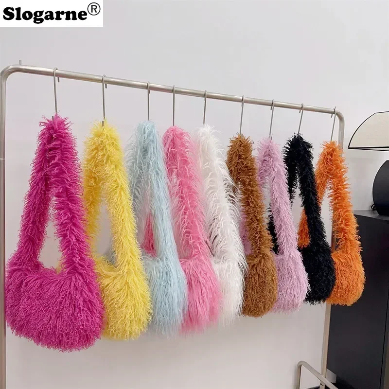 Women Y2K Fashion Long Fur Wool Bags Beach Faux Wool Fur Shoulder Bag Ladies Faux Furs Handbag Luxury Mongolian Crossbody Bags