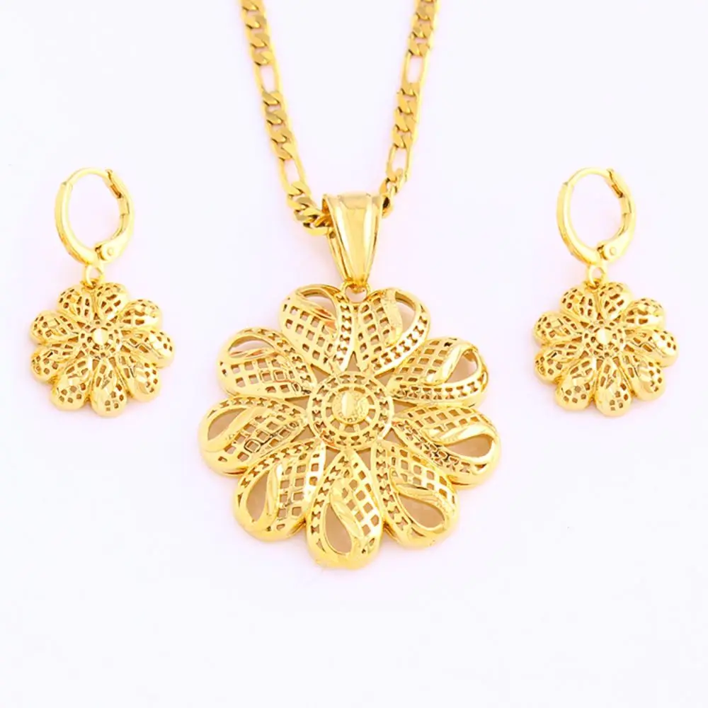 Fs Jewelry Gold Flower Pendant Necklace Earrings Jewelry Set For Women ...