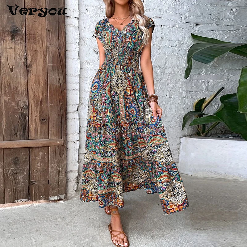 2023 Vintage Print Long Dress Women Summer V Neck Sexy Short Sleeve Elegant  Elastic Waist A-line Maxi Dresses For Women - AliExpress 200000345