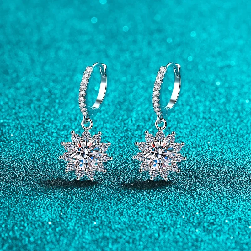 

LORIELE Moissanite Drop Earrings Rhodium Plated Sterling Silver Sunflower Diamond Hoop Dangle Earings Fine Jewelry for Women