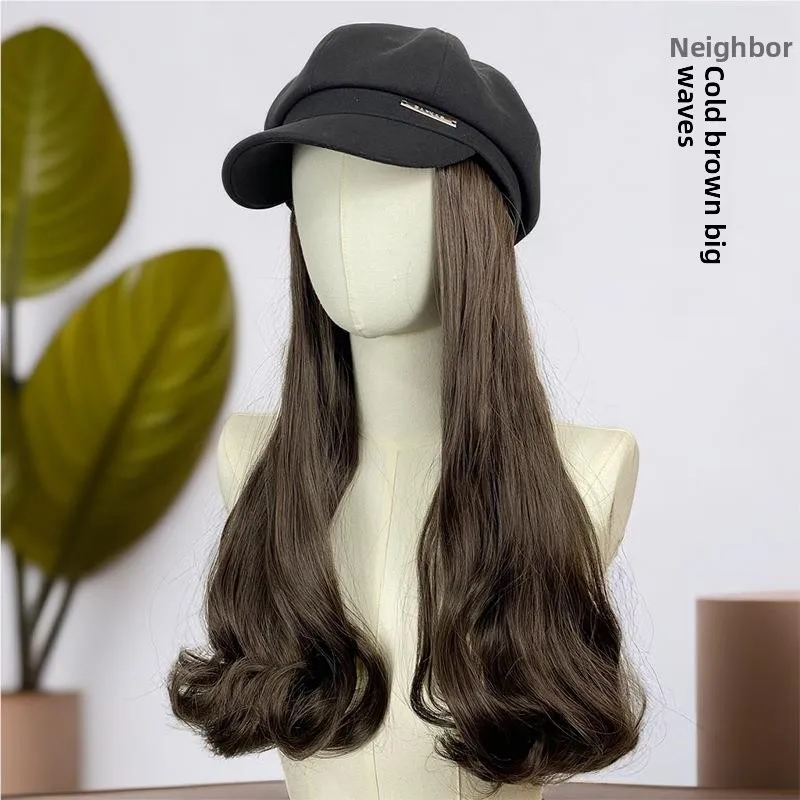 Detachable Faionable l Looking Women's Beret Hat Wig Cap Spring Autumn Long Curl Lazy Curl Fake Hair Cover