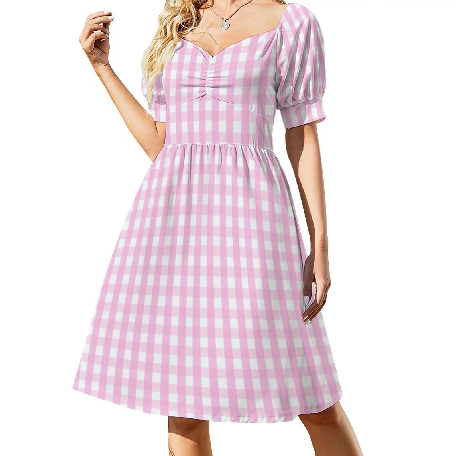 thumbnail image 1 of Vestido rosa de manga corta con estampado de cuadros a cuadros a cuadros trajes de playa para mujer vestido largo para mujer, 1 of 8