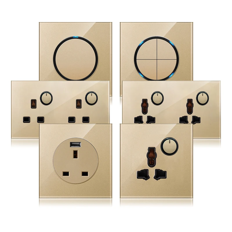 Ouro Temperado Vidro Interruptor de Luz Botão Redondo Led Luz Indicadora Soquete Duplo Alemão Porta Usb Britânico 13a ue