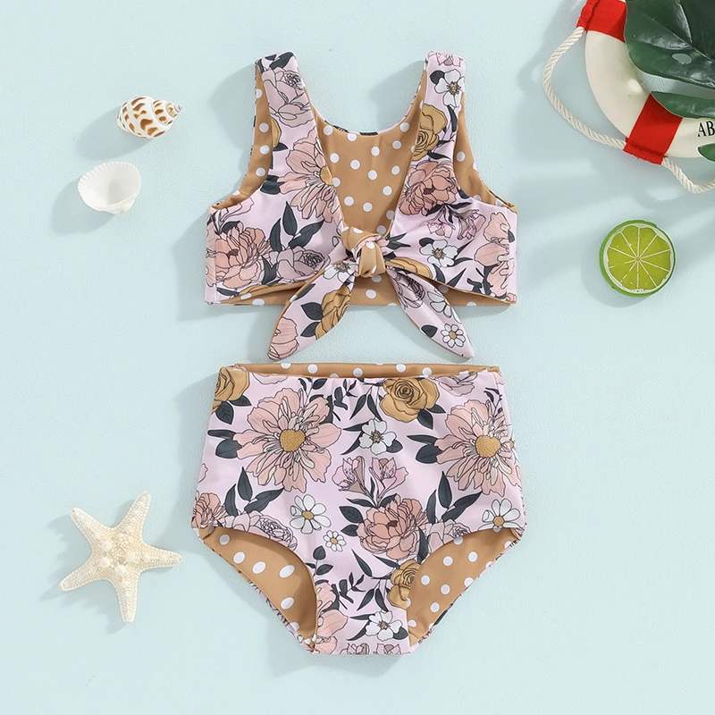 Kids Girl Two Piece Swimsuits Summer Striped/Floral Print Knotted Tankini and Elastic Shorts Set Bikini Bathing Suits