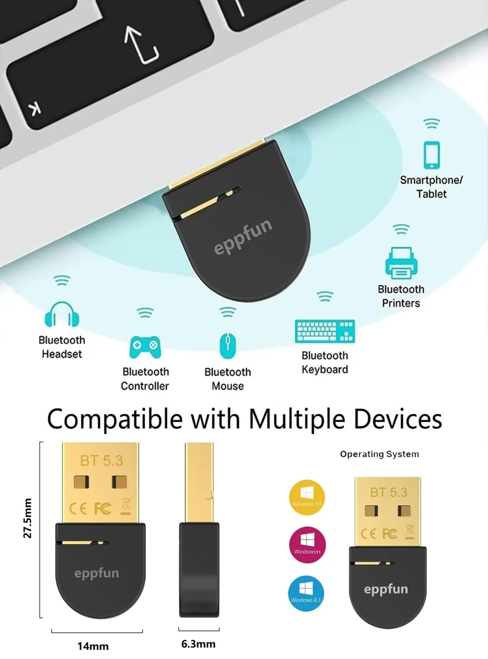 eppfun 블루투스 5.3 오디오 어댑터, PC 노트북 데스크탑용, Windows 11/10/8.1 지원, 마우스 키보드 헤드폰과 호환 가능