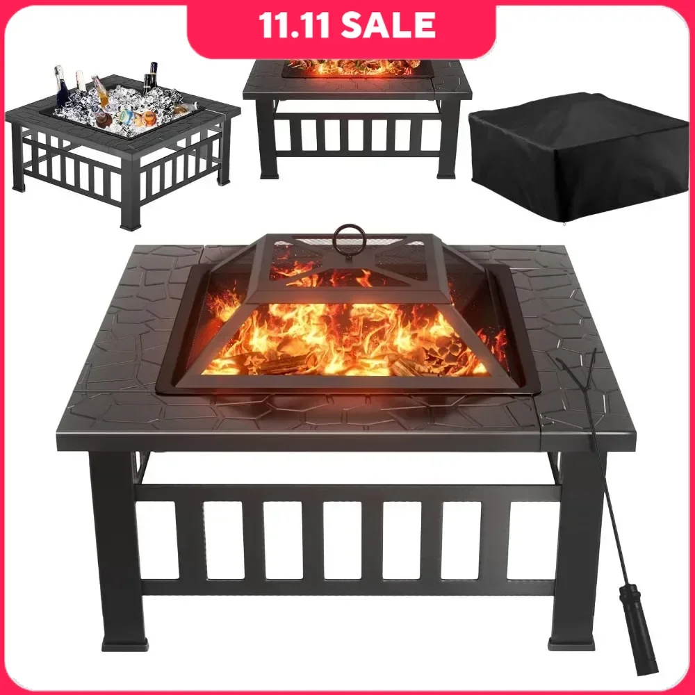 32in Fire Pit Table,Square Metal BBQ Firepit Stove Backyard Garden Fireplace with Spark Screen Lid and Rain Cover for Camping