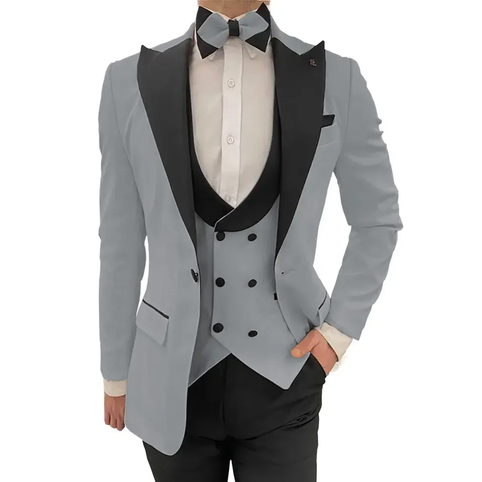 Classic Design Men Tuxedo Suits 3 Pieces Set Slim Fit Peaked Lapel Double Breasted Wedding Blazer+Vest+Pants Prom Suits Wear