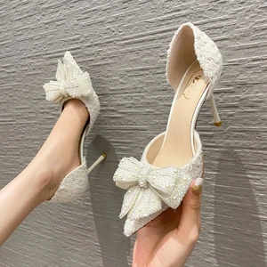 Роскошные свадебные туфли белого цвета с жемчугом и кристаллами, женские брендовые дизайнерские туфли на высоком каблуке, женские туфли-лодочки на тонком каблуке, осень 2023