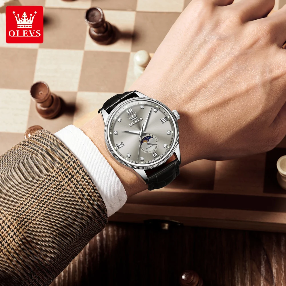 OLEVS 7039 Men's Watch Calendar Moon Phase Diamond Luxury Mechanical Dress Watch For Men Luminous Waterproof Man Wristwatch