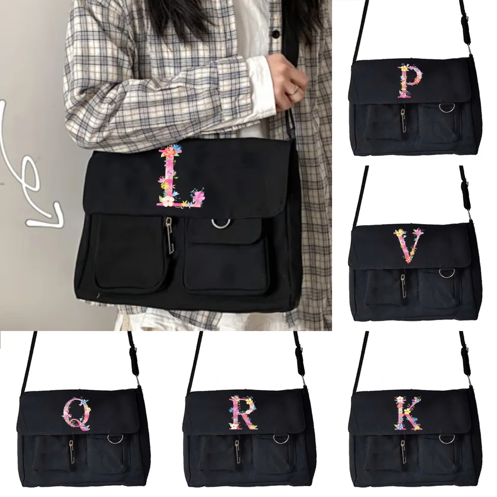 

2022 New Women Canvas Messenger Bags Casual Wild Shoulder Crossbody Bag Simple Shopping Organizer Pink Letter Print Postman Case