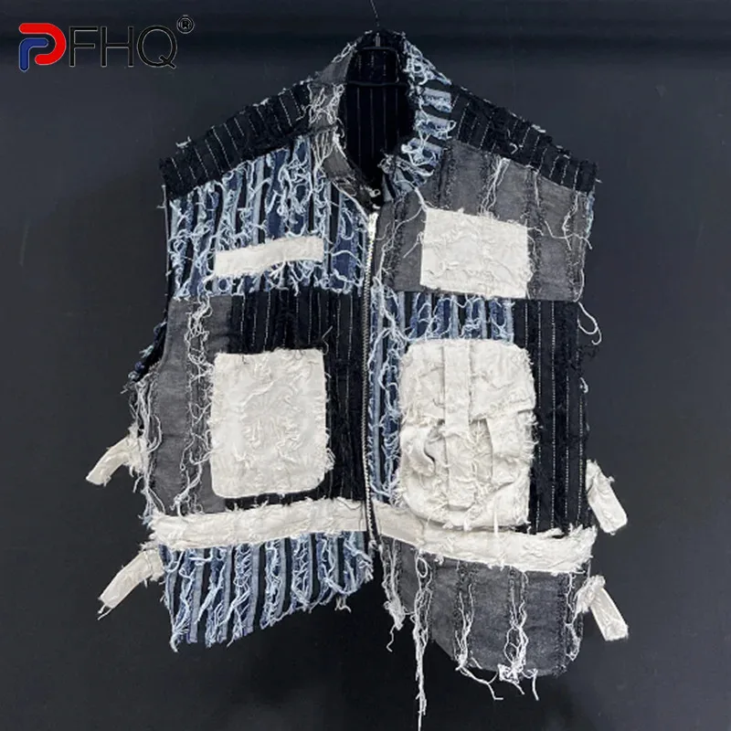 

PFHQ Autumn Men's Vintage Denim Vest Standing Collar Sleeveless Slim Short Patchwork Zippers Niche Creativity Waistcoat 21Z1987