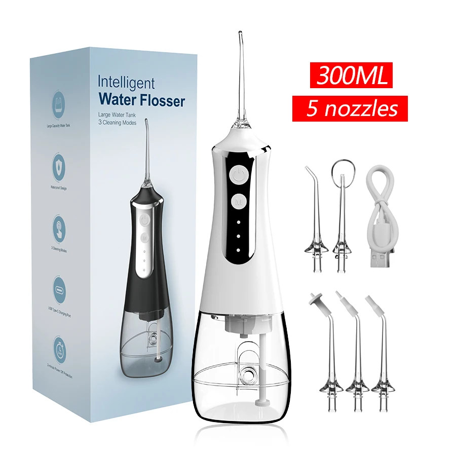 Dental Oral Irrigator Water Flosser Thread Teeth Pick Mouth Washing Machine 5 Nozzels 3 Modes USB Rechargeable 300ml Tank dental oral irrigator,dental water flosser,water dental flosser