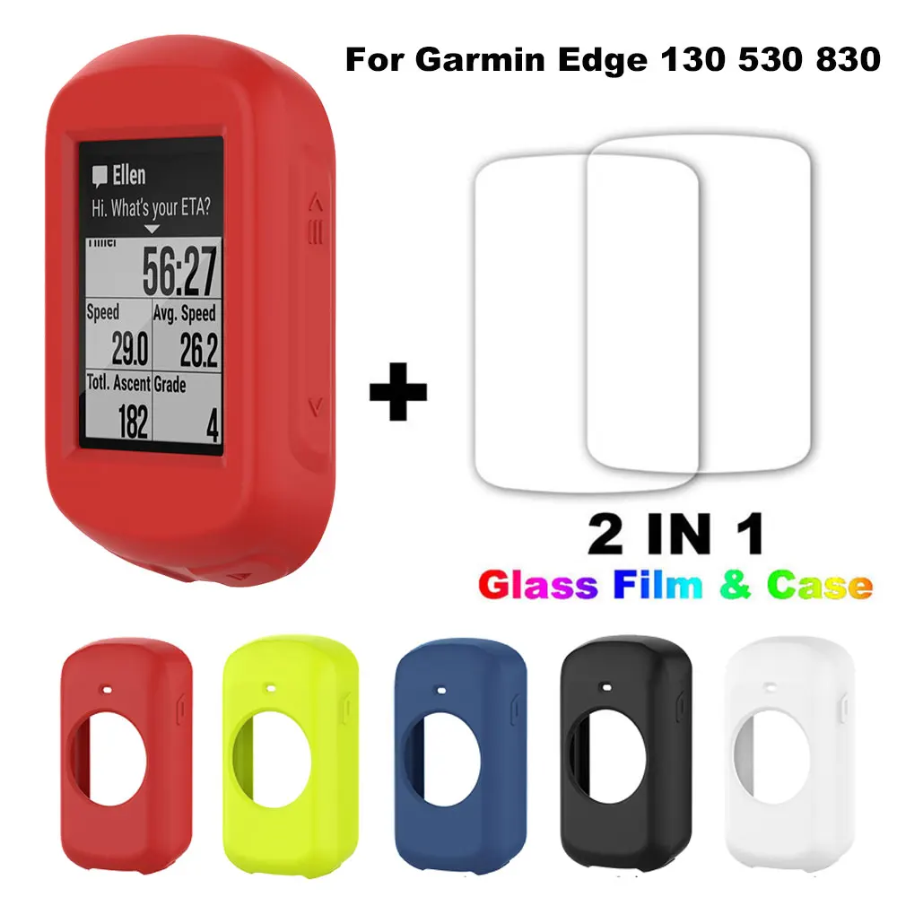 Custodia Protettiva + Pellicola In Vetro Temperato Per Garmin Edge 530/830 | Kit Bici Computer Con Cover Silicone (Nero/Rosso/Arancione/Azzurro)
