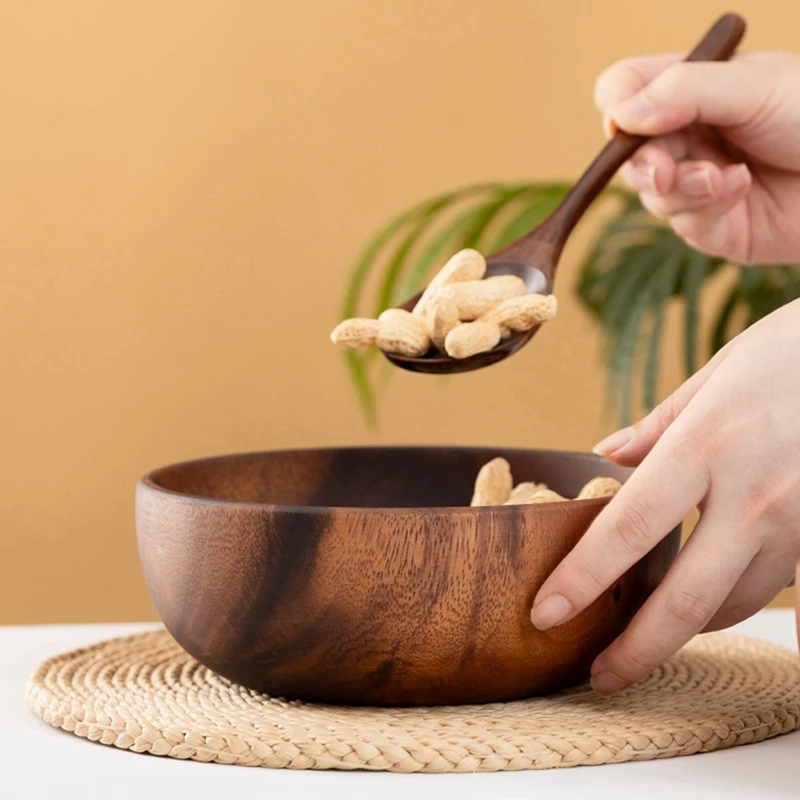 A82X-Wooden Salad Bowl Round Dessert Displays Serving Trays Fruit Food Salads Snack Soup Bowl For Home Coffee Shop