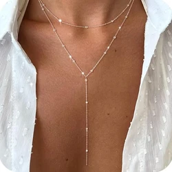 Elegant 14k Gold Plated Y - Shaped Pendant Necklace with CZ Beads and Layered Design (Silver)