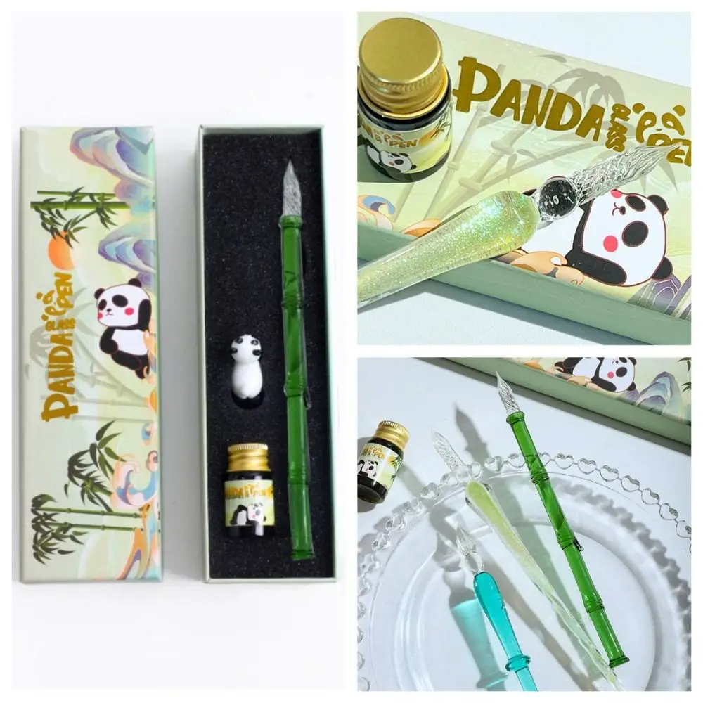 

China-Chic Panda Series Glass Dip Pen Fountain Pens with Ink Stationery Crystal Calligraphy Pen Glitter Transparent