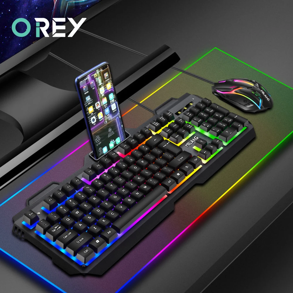 Mecânico Feel Wire Gaming Teclado e Mouse Grupo Usb Rgb Colorido Luminoso Ratos para pc Gamer Computador com Suporte para Telefone