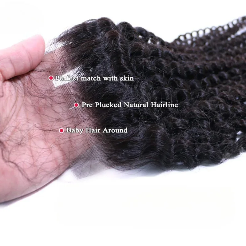 Kinky Curly Lace Closure 4x4 Free Part Virgin Human Hair Extensions Transparent Lace Closure Nature Color Soft and Silky