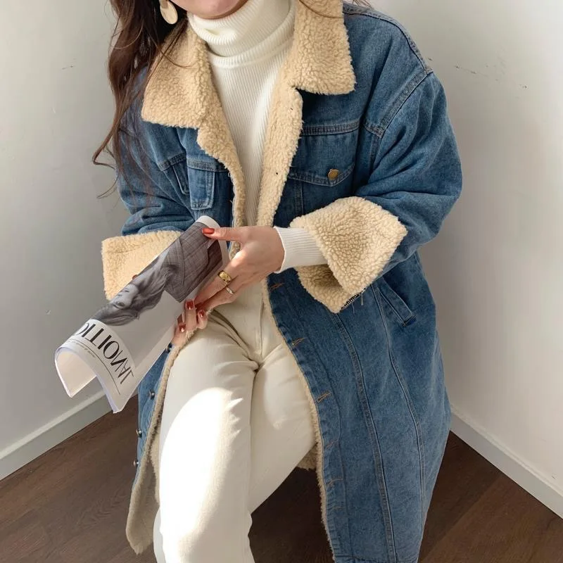 

Korean Fashion Lambwool Long Jeans Jackets Womens Fall Winter Denim Coats Casual Plush Velvet Lined Vaqueras Jaqueta Oversized