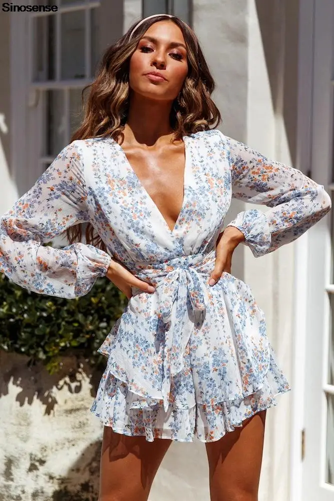 

Women's Romper Floral Print Wrap V Neck Baggy Sleeve Waist Tie Layered Ruffle Hem Short Jumpsuits Casual Summer Boho Rompers