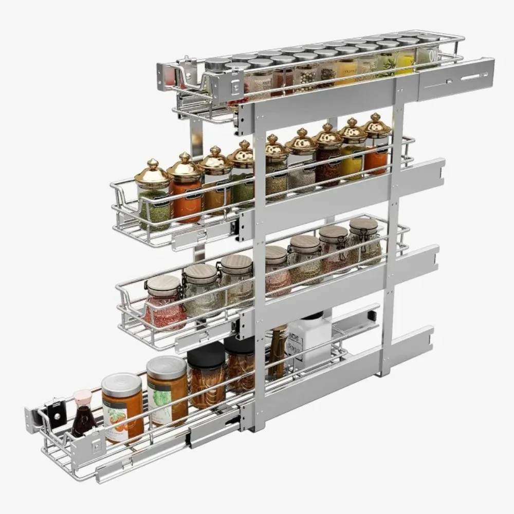 

4-Tier 8" W X 21" D Narrow Pull Out Cabinet Organizer, Roll Out Spice Rack Holder Shelve, Slide Out Slim Storage Wire Baskets