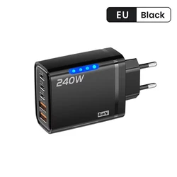 240W GaN Fast Charger with LED Light, 5 - in - 1 Multi - Port Charging Head - Black EU Plug