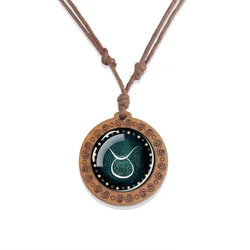 Zodiac Constellation Vintage Pendant Necklace - Glass Dome on Wood with Rope Chain (Taurus)