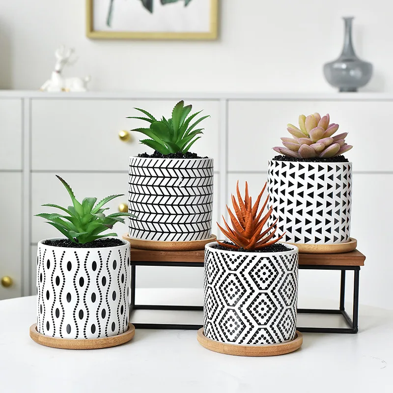 Flower Ceramic Pots Round Geometric Patterns With Hole Creative Funny Succulent Potted Amazon Best-selling Interiores D-3inches - 5