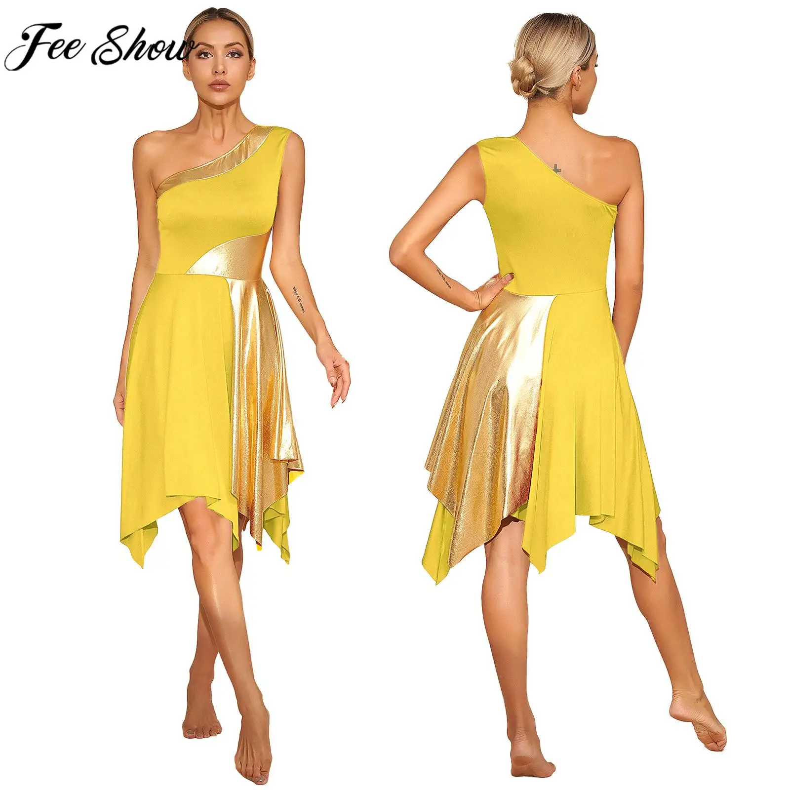 

Womens Ballroom Lyrical Dance Performance Dress Church Choir Worship Praise Costume One Shoulder Irregular Hem Dresses Dancewear