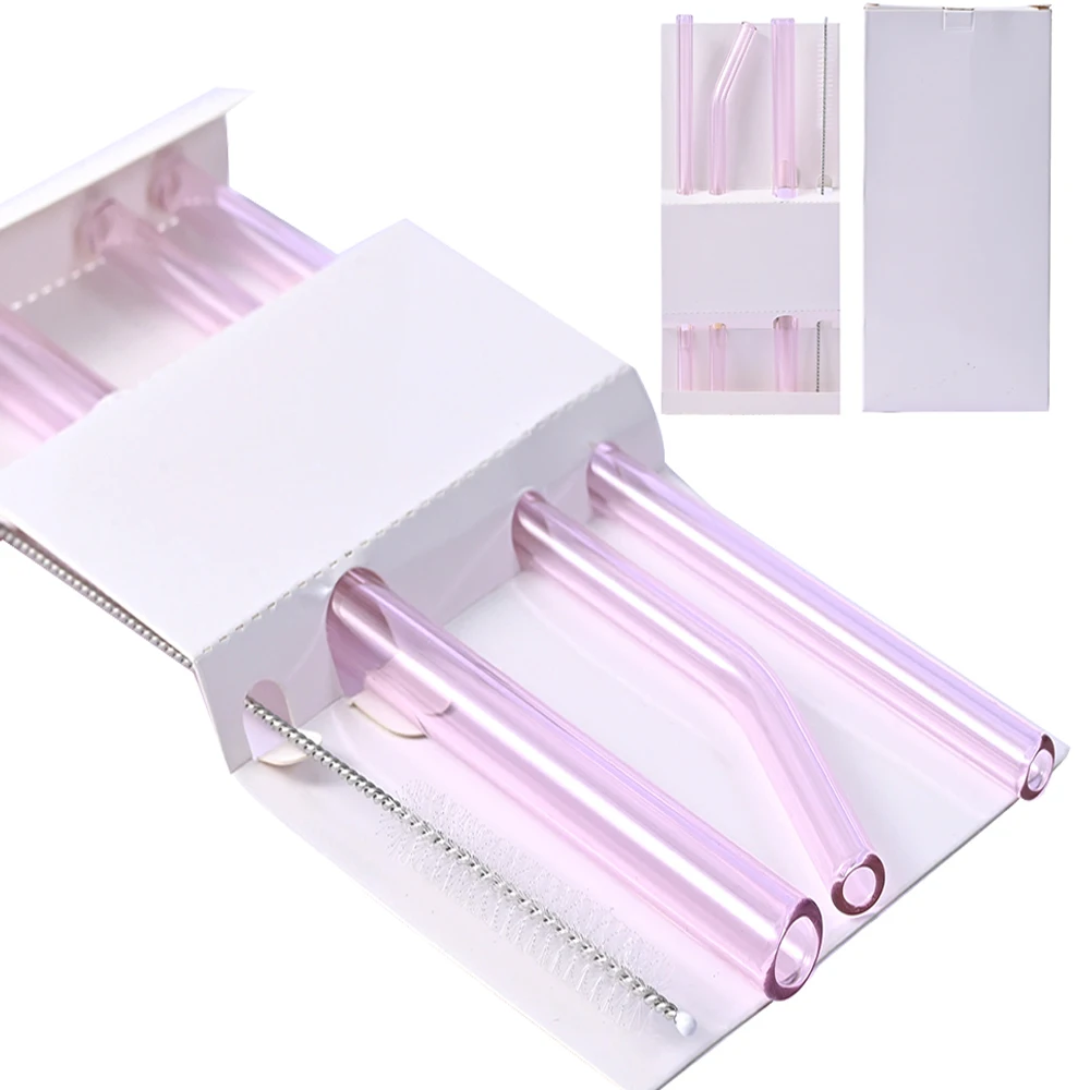 

Pink Reusable Glass Straws Set Big Wide 12mm and 8mm for Fruit Juice Solid Drinks Milkshakes Oat Meal,Dishwasher Safe