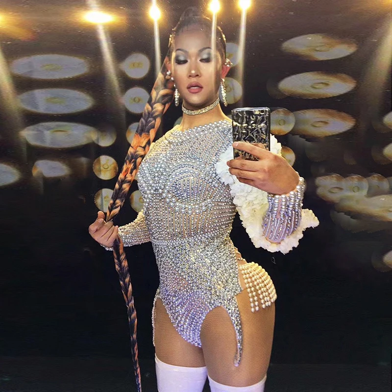 

Fashion Pearls Rhinestone Club Bodysuit Women Floral Stretch Jumpsuits Party Costumes Dj Jazz Singer Stage Wear Dancer Leotard