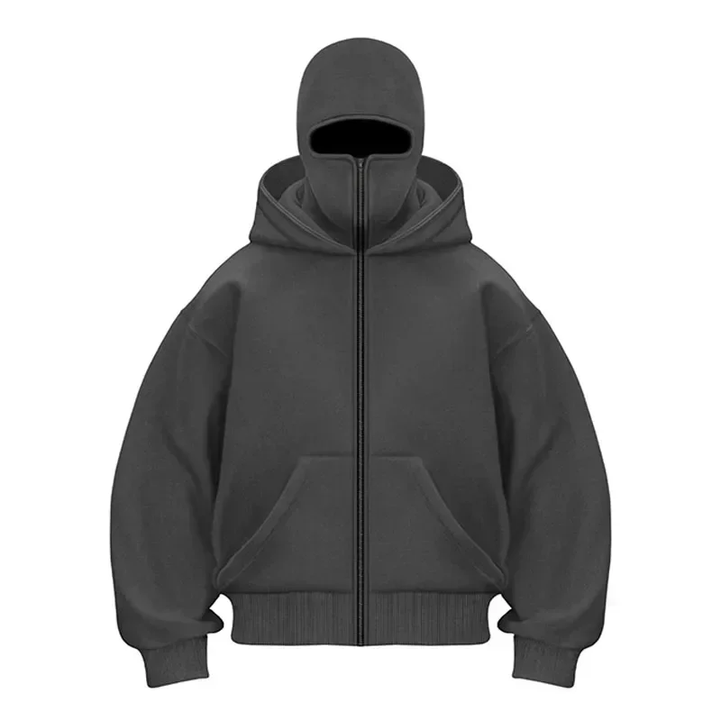 Streetwear Couple Tops Gothic Balaclava Integrated Hoodie Y2k Winter Men Soild Color Ninja Pullover Hip Hop Splicing Sweatshirt 5