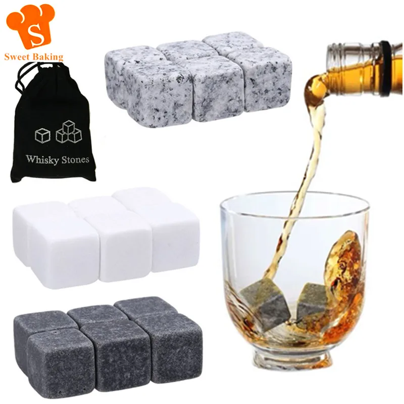 6pcs Whiskey Stones Sipping Ice Cube Cooler Reusable Whisky Ice Stone Whisky Natural Rocks Bar Wine Cooler Party Wedding Gifts