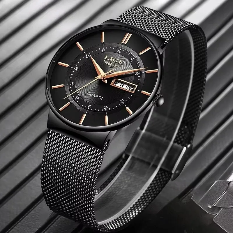 LIGE Top Brand Luxury Mens Watches Fashion Business Military Sport Waterproof Watch Men Ultra-Thin Mesh Week Date Chronograph
