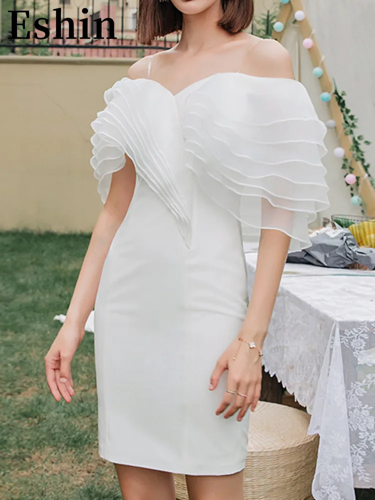 

Eshin Off Shoulder Ruff Sleeve Slim Fit White Slip Dress For Women 2023 Summer Fashion New Female Clothing Dresses TH4020
