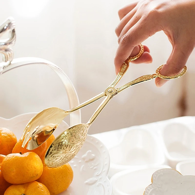Snack Cake Clip Salad Pastry Clamp Buffet Food Tong Gold-plated Baking Barbecue Tool Vintage style Fruit Salad Cake Clip