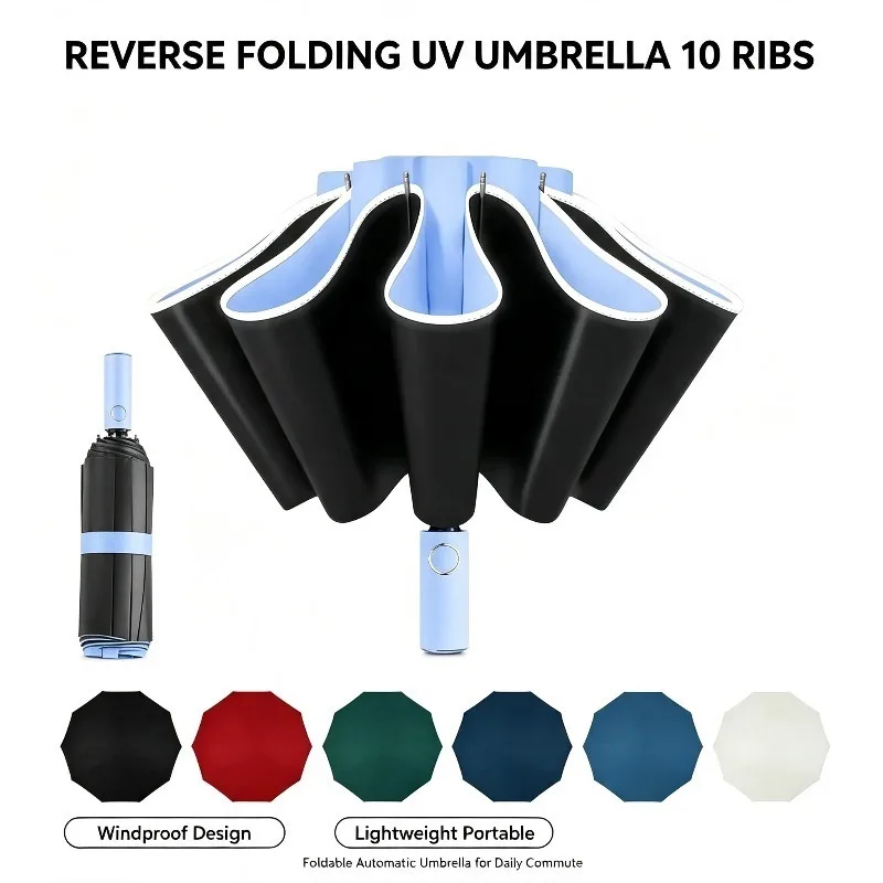 Automatic UV Protection Reverse Folding Umbrella with 10 Ribs - Compact, Windproof, and Lightweight