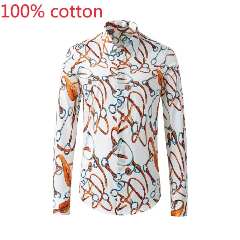

New Arrival 100% Cotton High Quality Fashion Men Long Sleeve Casual Shirts Print Plus Size M L XL 2XL 3XL 4XL Turn-down Collar