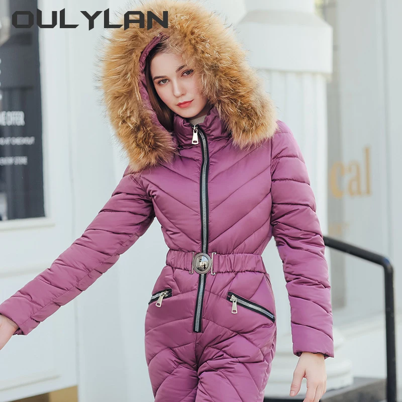 

Oulylan Fashion New Winter Women's Hooded Jumpsuits Parka Cotton Padded Warm Sashes Ski Suit Zipper One Piece Casual Tracksuits