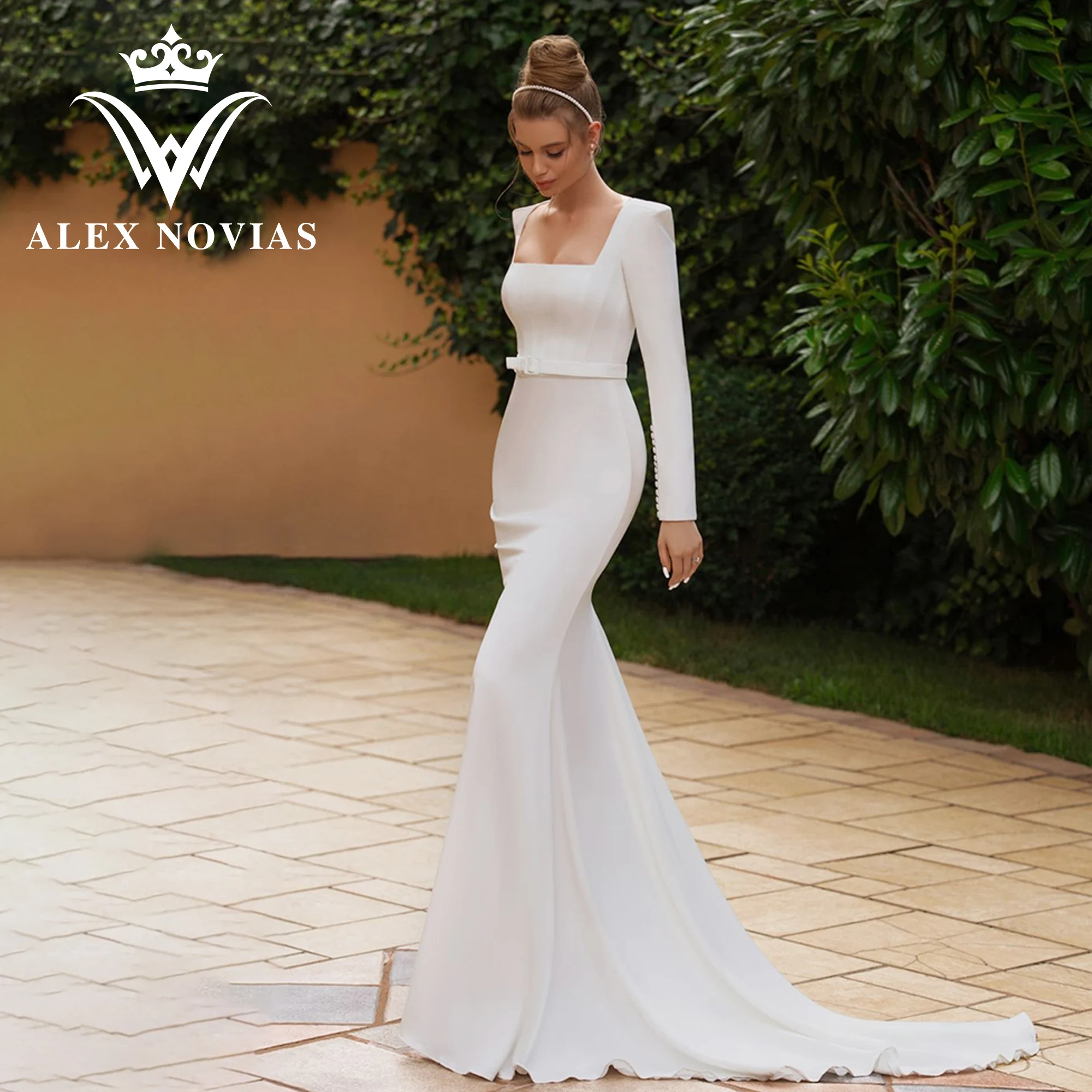 

Свадебное платье с юбкой-годе ALEX NOVIAS, классическое платье с длинным рукавом и квадратным вырезом, на пуговицах, свадебное платье, 2023