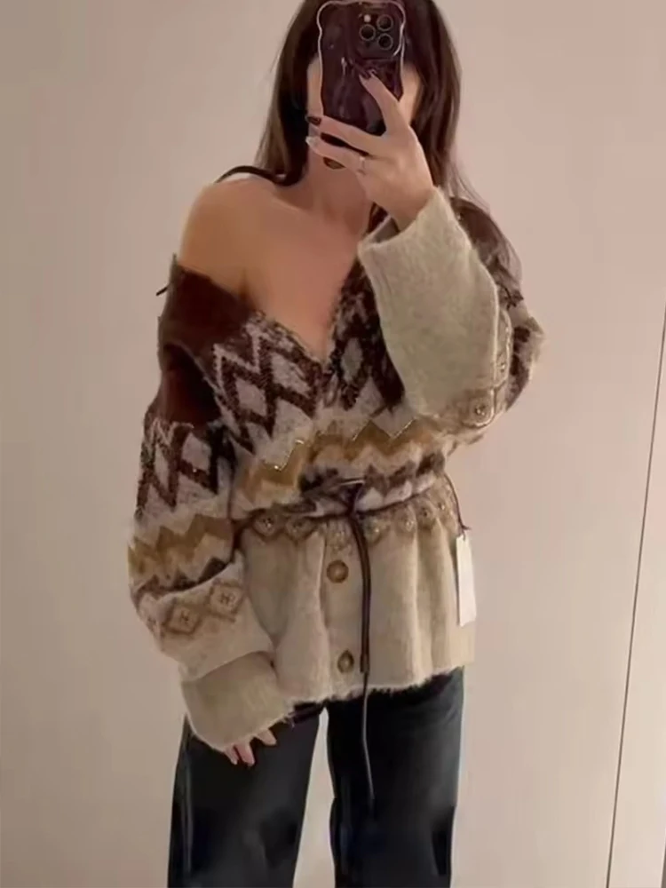 Women Knitted Midi Skirts Two Piece Sets 2025 New Fashion Jacquard Belt Knit Cardigan Women's Suits Autumn Winter Woman Outfits