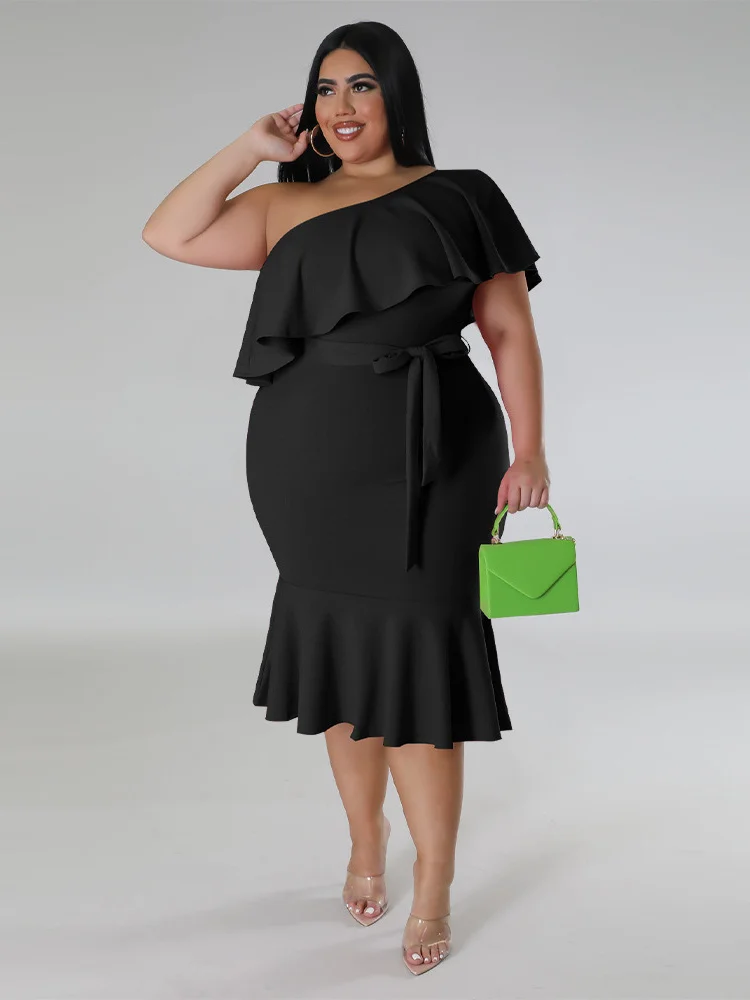 Wmstar Plus Size Dresses for Women Withe Bandage Single Sleeve Elegant Solid Maxi Dress Summer Clothes Wholesale Dropshipping