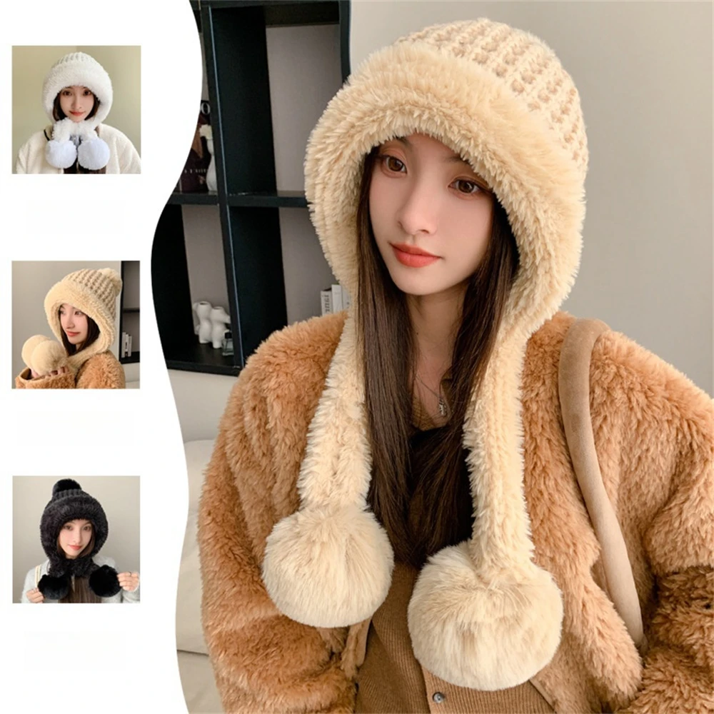 

Plush Knitted Thickened Solid Colour Cap Women's Protect Ears Windscreen Outdoor Hat Casual Female Hair Balls Woolen Wide Hats