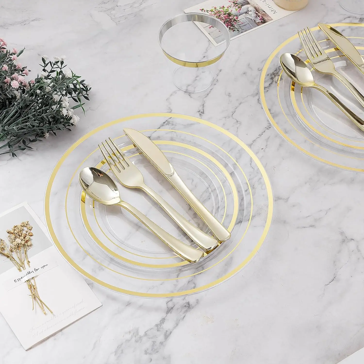 600PCS Plastic Dinnerware Set (100 Guests), Clear Gold Disposable Plates for Party, Wedding, Anniversary Includes: Dinner Plates