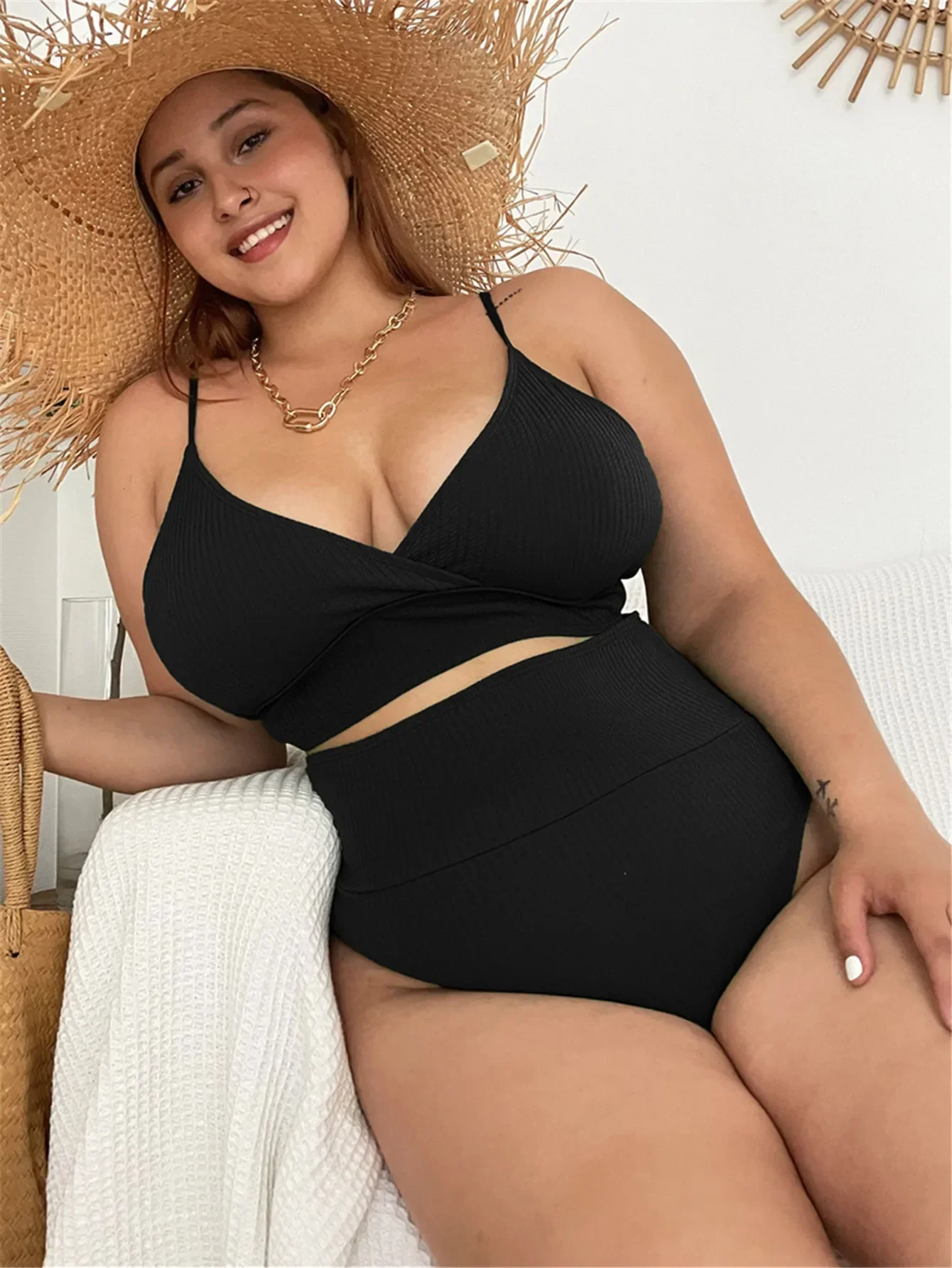Plus Size Bikini Set Solid High Waist Swimsuit Women Ribbed Swimwear New Summer Beachwear 2022 Sexy V-Neck Bikinis Bathing Suits